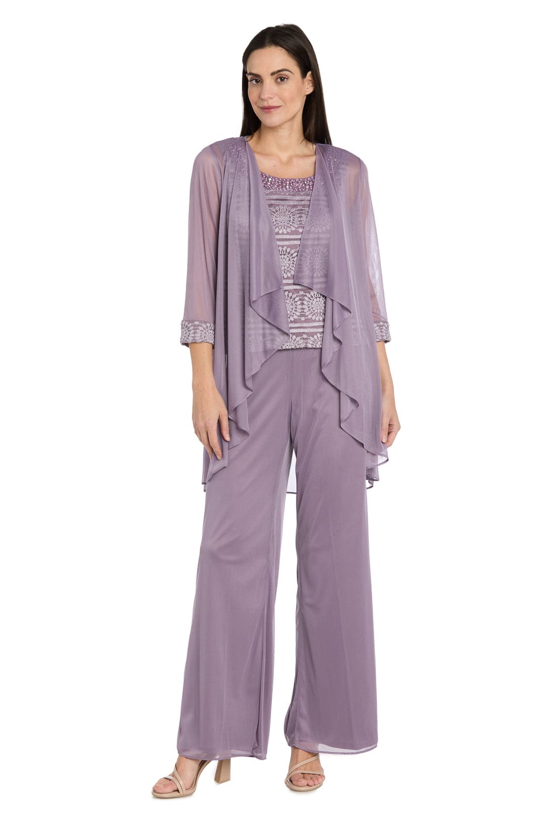 Three-Piece Lace & Chiffon Evening Pant Set with Sleeveless, Scoop Neck, and Sequin Embellishment by R&M Richards 7008