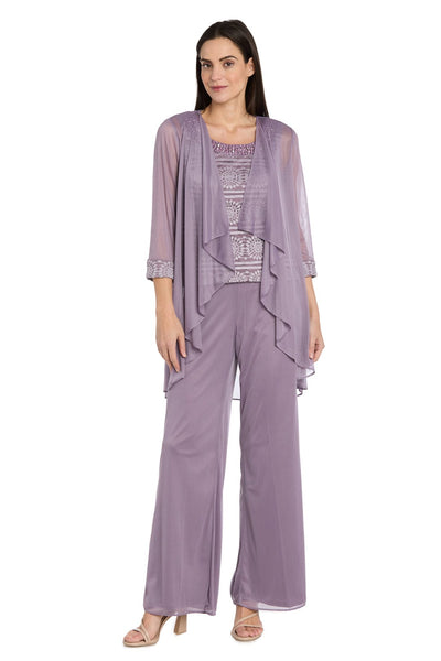 Three-Piece Lace & Chiffon Evening Pant Set with Sleeveless, Scoop Neck, and Sequin Embellishment by R&M Richards 7008