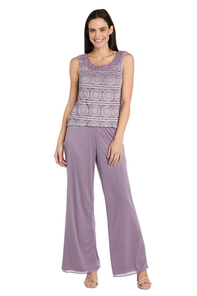 Three-Piece Lace & Chiffon Evening Pant Set with Sleeveless, Scoop Neck, and Sequin Embellishment by R&M Richards 7008