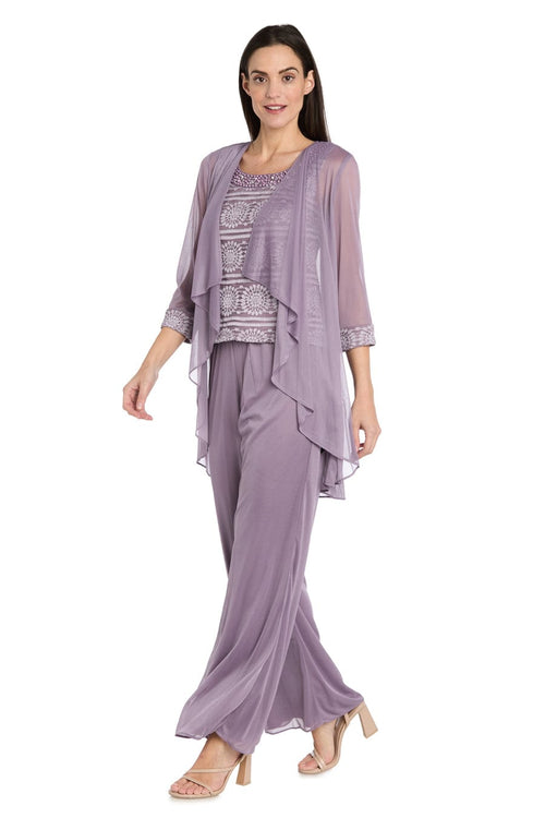 Three-Piece Lace & Chiffon Evening Pant Set with Sleeveless, Scoop Neck, and Sequin Embellishment by R&M Richards 7008