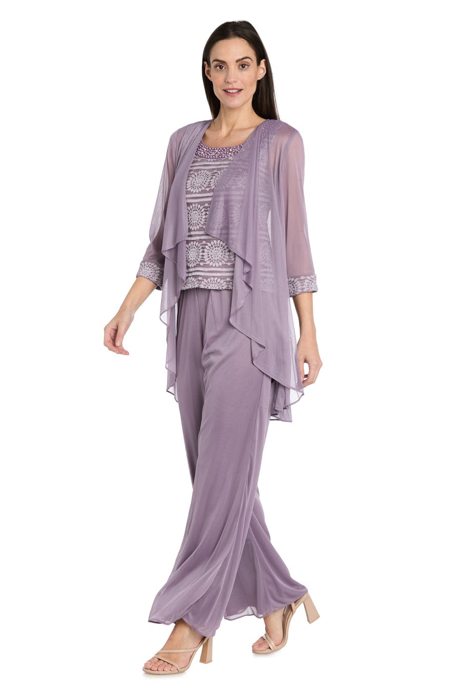 Three-Piece Lace & Chiffon Evening Pant Set with Sleeveless, Scoop Neck, and Sequin Embellishment by R&M Richards 7008