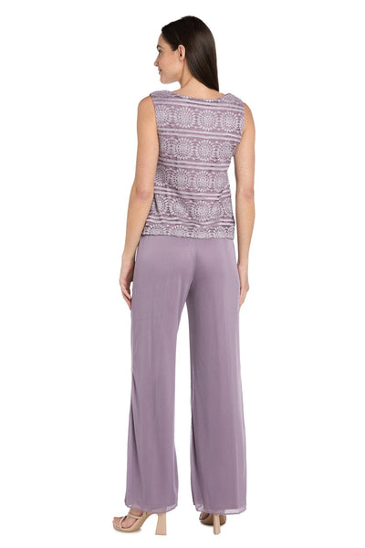 Three-Piece Lace & Chiffon Evening Pant Set with Sleeveless, Scoop Neck, and Sequin Embellishment by R&M Richards 7008