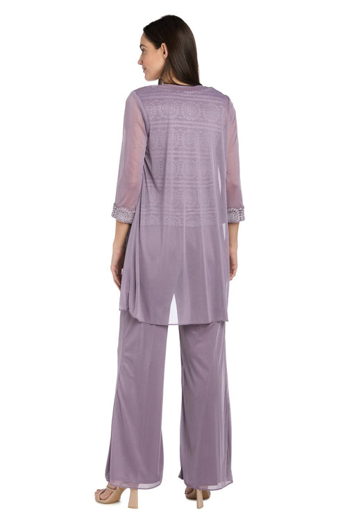 Three-Piece Lace & Chiffon Evening Pant Set with Sleeveless, Scoop Neck, and Sequin Embellishment by R&M Richards 7008