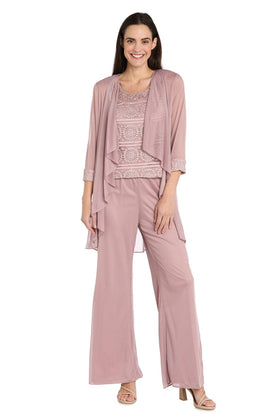 Three-Piece Lace & Chiffon Evening Pant Set with Sleeveless, Scoop Neck, and Sequin Embellishment by R&M Richards 7008