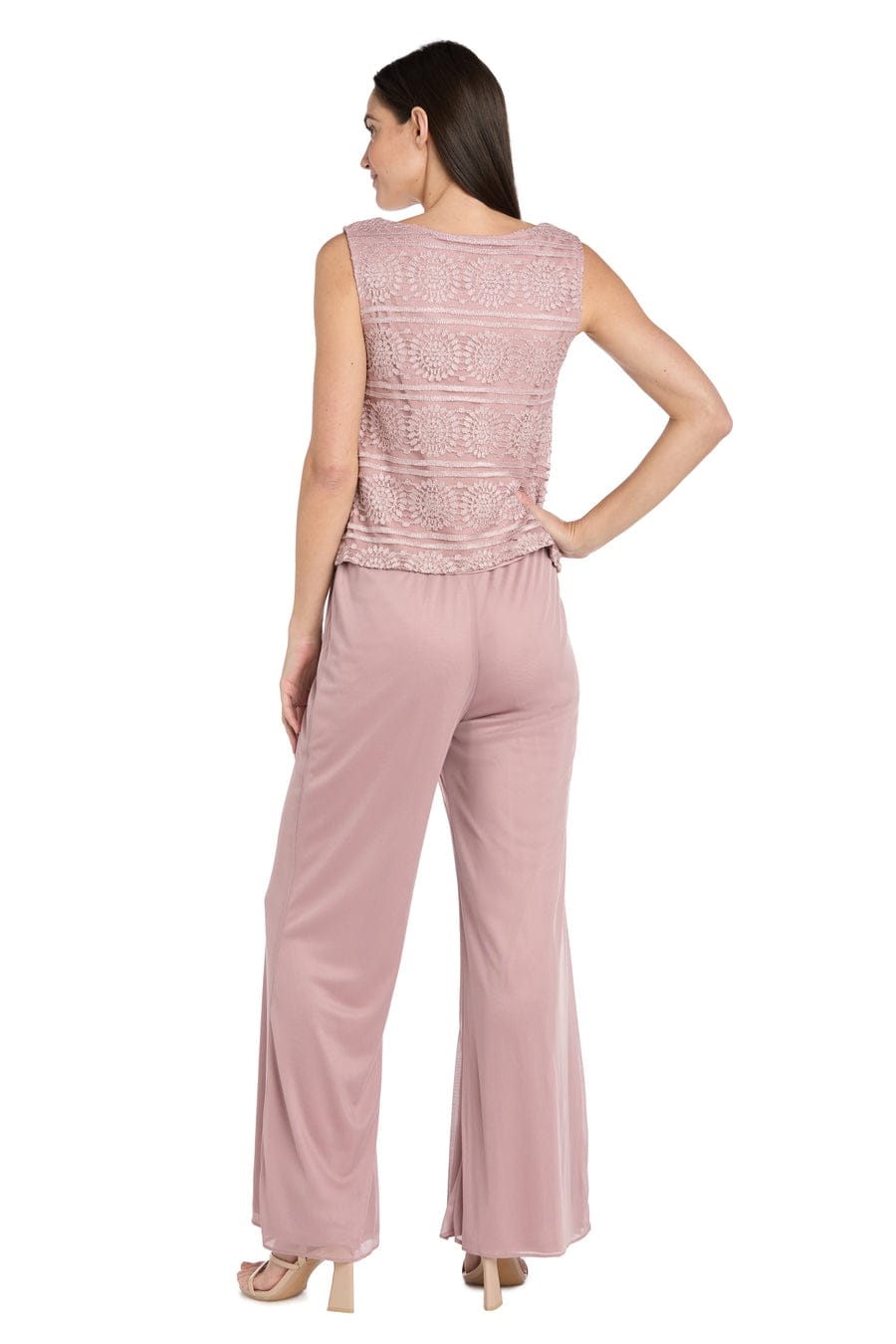 Three-Piece Lace & Chiffon Evening Pant Set with Sleeveless, Scoop Neck, and Sequin Embellishment by R&M Richards 7008