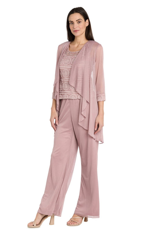 Three-Piece Lace & Chiffon Evening Pant Set with Sleeveless, Scoop Neck, and Sequin Embellishment by R&M Richards 7008