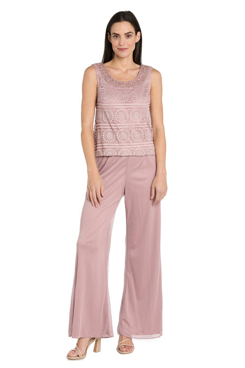 Three-Piece Lace & Chiffon Evening Pant Set with Sleeveless, Scoop Neck, and Sequin Embellishment by R&M Richards 7008