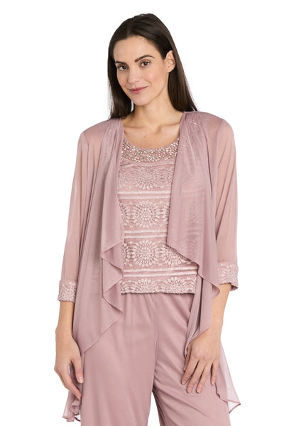 Three-Piece Lace & Chiffon Evening Pant Set with Sleeveless, Scoop Neck, and Sequin Embellishment by R&M Richards 7008