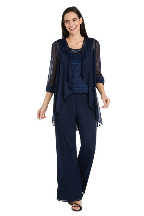 Three-Piece Lace & Chiffon Evening Pant Set with Sleeveless, Scoop Neck, and Sequin Embellishment by R&M Richards 7008