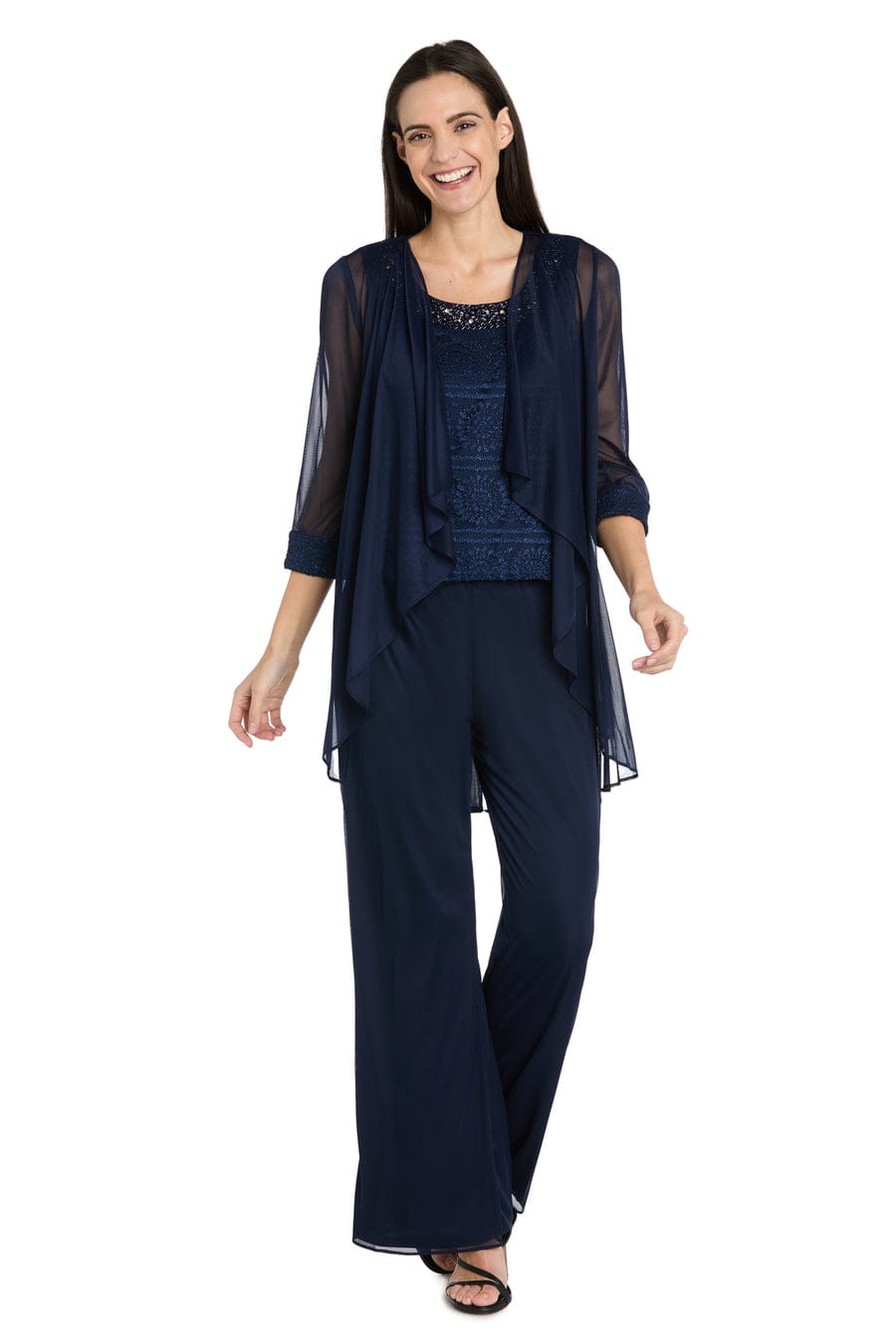 Three-Piece Lace & Chiffon Evening Pant Set with Sleeveless, Scoop Neck, and Sequin Embellishment by R&M Richards 7008