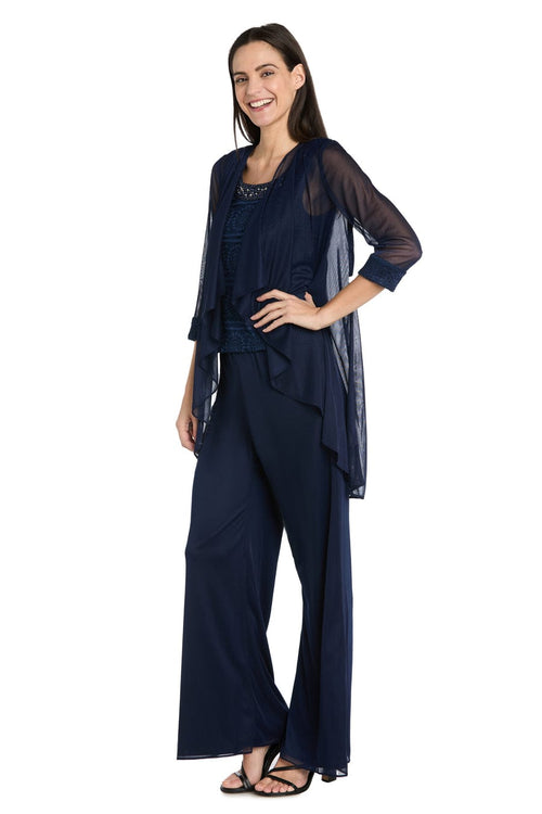 Three-Piece Lace & Chiffon Evening Pant Set with Sleeveless, Scoop Neck, and Sequin Embellishment by R&M Richards 7008