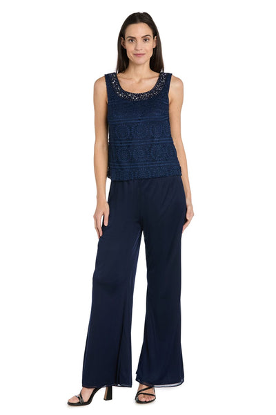 Three-Piece Lace & Chiffon Evening Pant Set with Sleeveless, Scoop Neck, and Sequin Embellishment by R&M Richards 7008