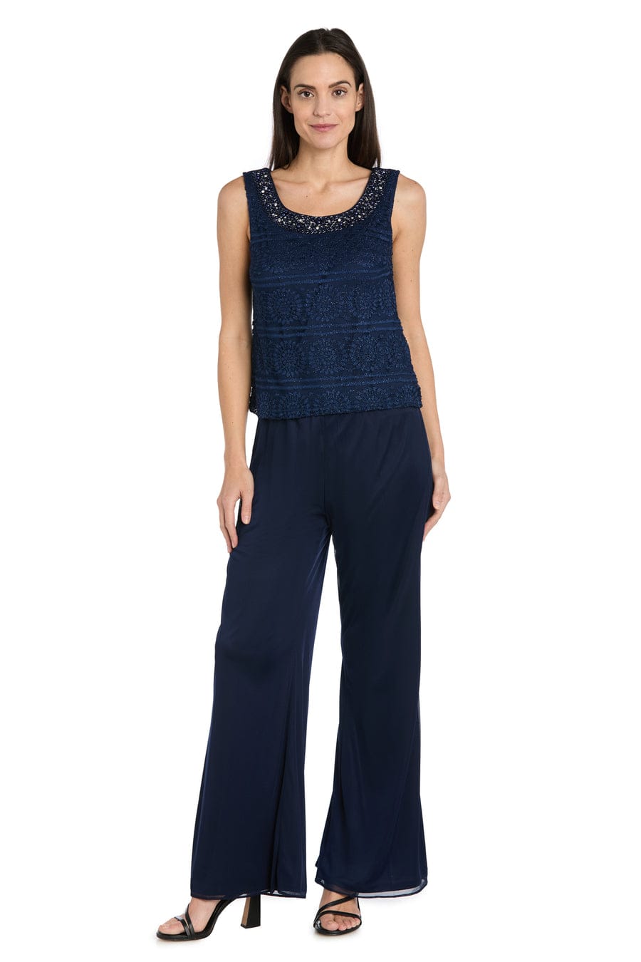 Three-Piece Lace & Chiffon Evening Pant Set with Sleeveless, Scoop Neck, and Sequin Embellishment by R&M Richards 7008
