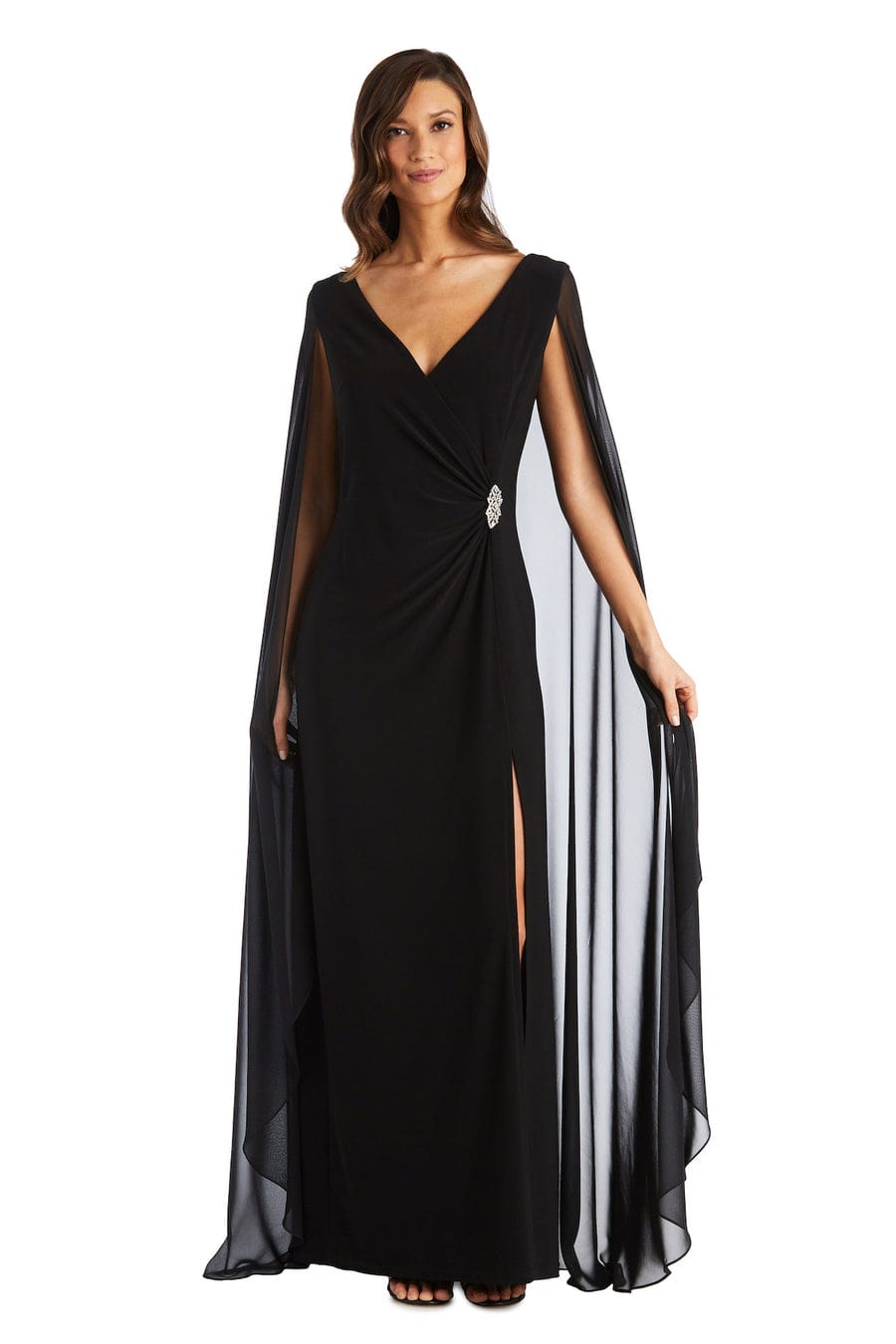 V-Neck Faux-Wrap Gown with Dramatic Cape Sleeves with Rhinestone Detail, Faux Wrap Styling, and Ruched Detail by R&M Richards 7273