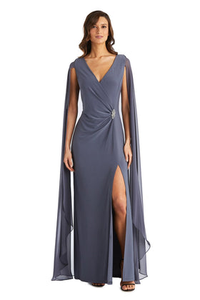 V-Neck Faux-Wrap Gown with Dramatic Cape Sleeves with Rhinestone Detail, Faux Wrap Styling, and Ruched Detail by R&M Richards 7273