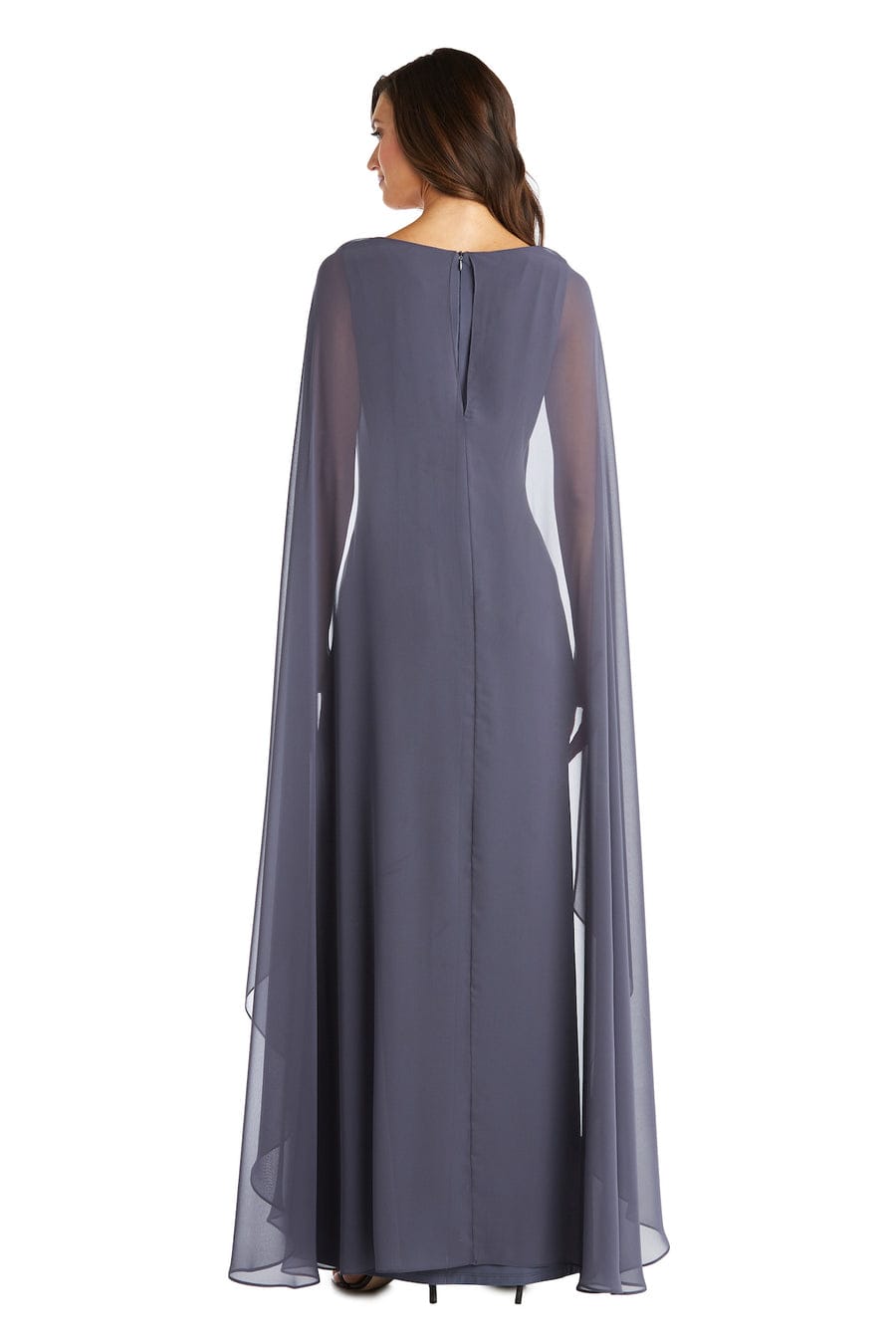 V-Neck Faux-Wrap Gown with Dramatic Cape Sleeves with Rhinestone Detail, Faux Wrap Styling, and Ruched Detail by R&M Richards 7273