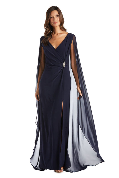 V-Neck Faux-Wrap Gown with Dramatic Cape Sleeves with Rhinestone Detail, Faux Wrap Styling, and Ruched Detail by R&M Richards 7273