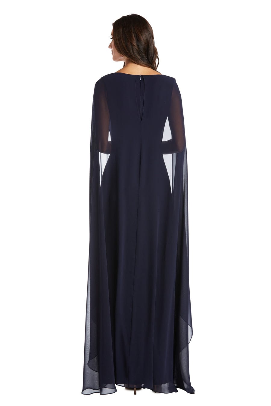 V-Neck Faux-Wrap Gown with Dramatic Cape Sleeves with Rhinestone Detail, Faux Wrap Styling, and Ruched Detail by R&M Richards 7273