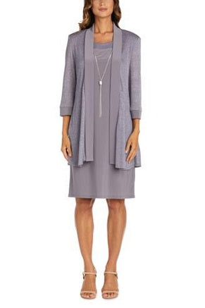 2 Piece Short Evening Jacket Dress with Sleeveless, Scoop Neck, and Lace Detail by R&M Richards 1873