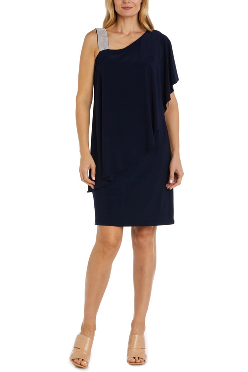 One-Shoulder Rhinestone Cap Overlay Short Evening Dress with One Shoulder and Jersey by R&M Richards 3439