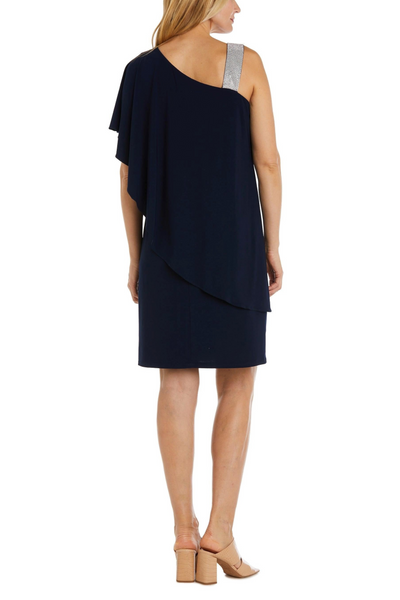One-Shoulder Rhinestone Cap Overlay Short Evening Dress with One Shoulder and Jersey by R&M Richards 3439