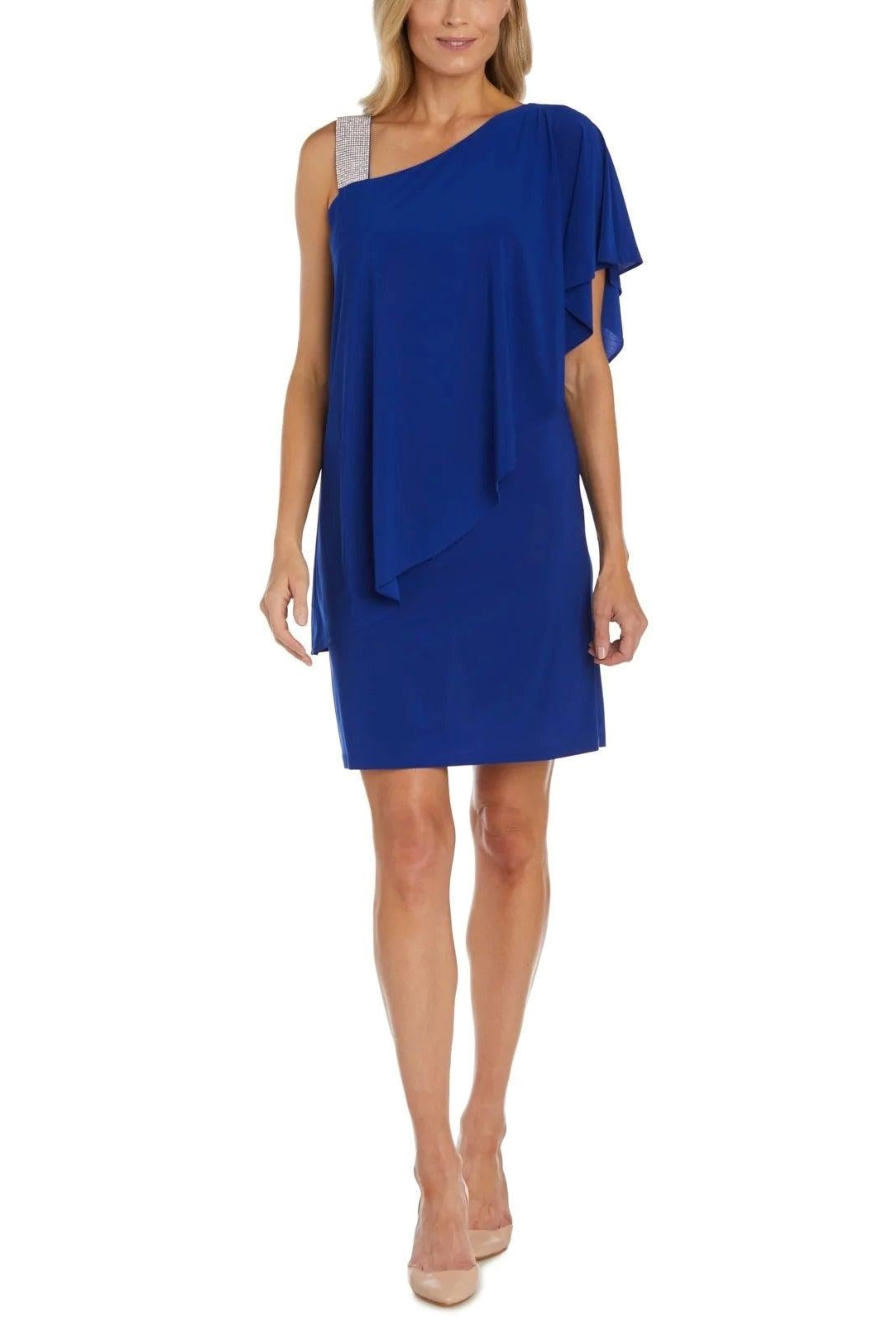 One-Shoulder Rhinestone Cap Overlay Short Evening Dress with One Shoulder and Jersey by R&M Richards 3439