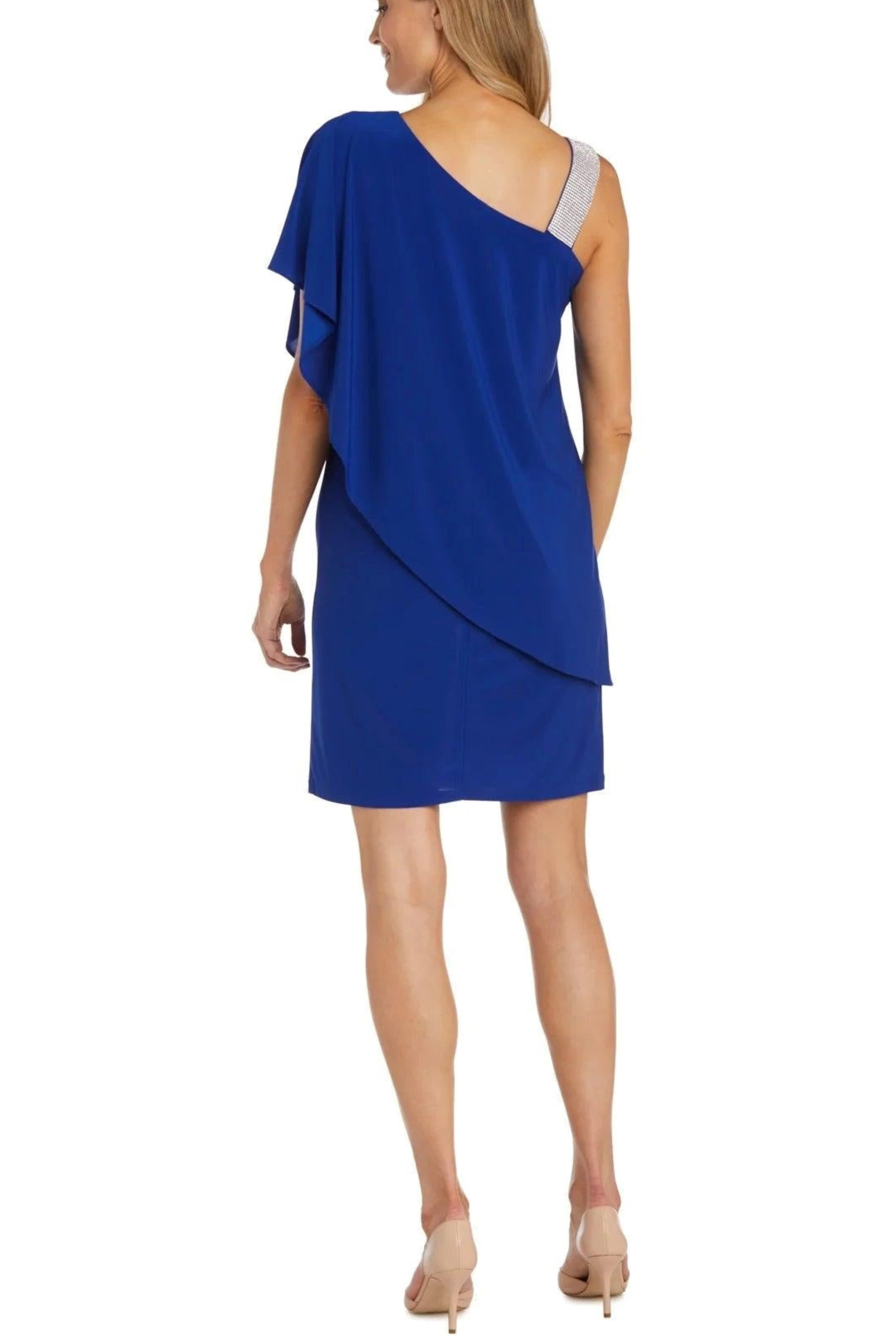 One-Shoulder Rhinestone Cap Overlay Short Evening Dress with One Shoulder and Jersey by R&M Richards 3439