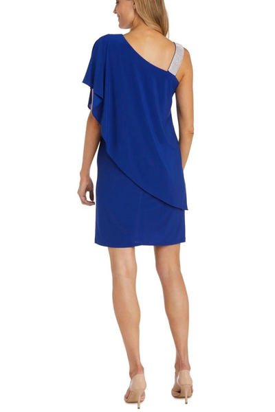 One-Shoulder Rhinestone Cap Overlay Short Evening Dress with One Shoulder and Jersey by R&M Richards 3439