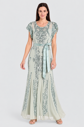 Sage Sequin Embellished Gown with Satin Waist Tie with Flutter Sleeve and Scoop Neck by R&M Richards 3465