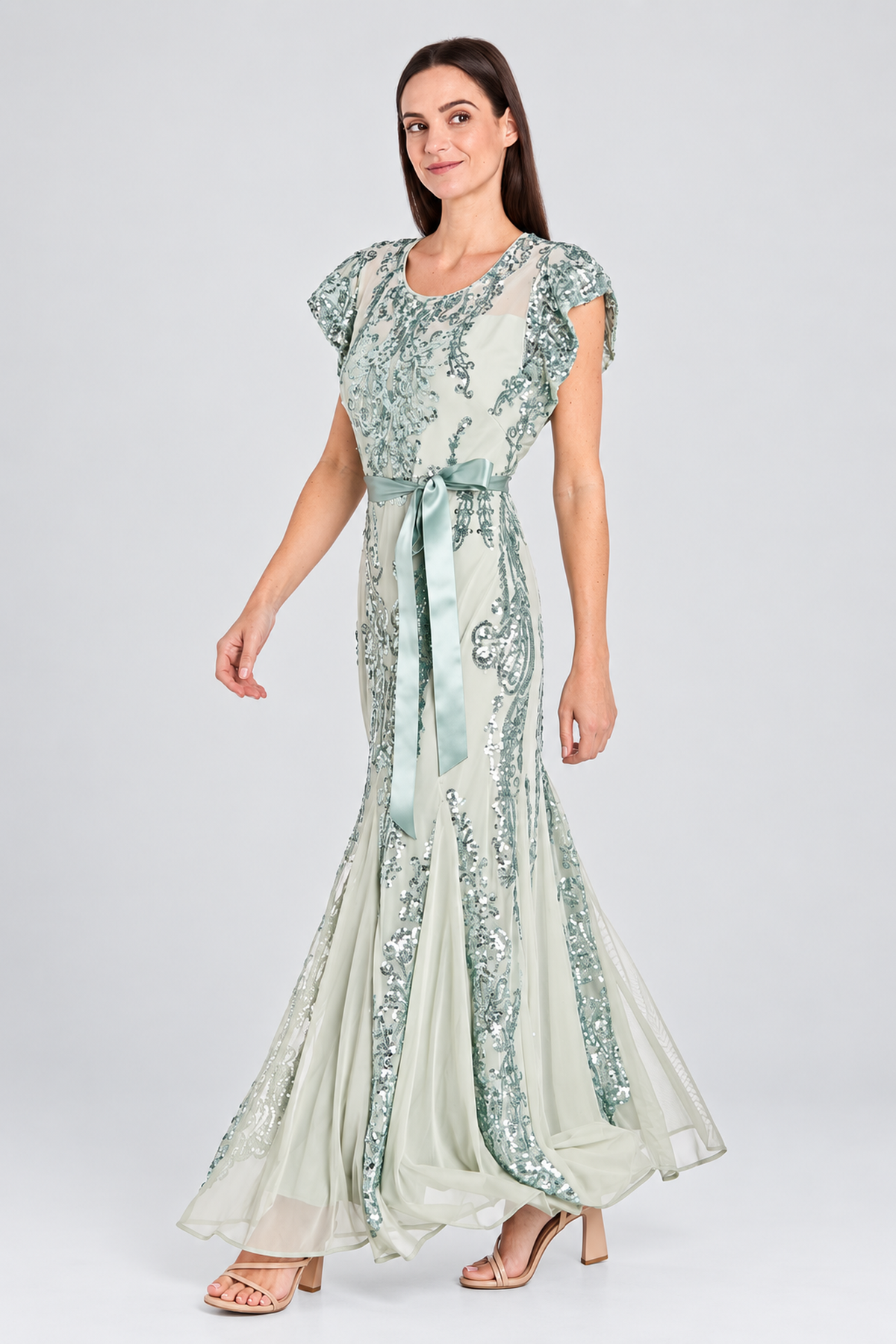 Sage Sequin Embellished Gown with Satin Waist Tie with Flutter Sleeve and Scoop Neck by R&M Richards 3465
