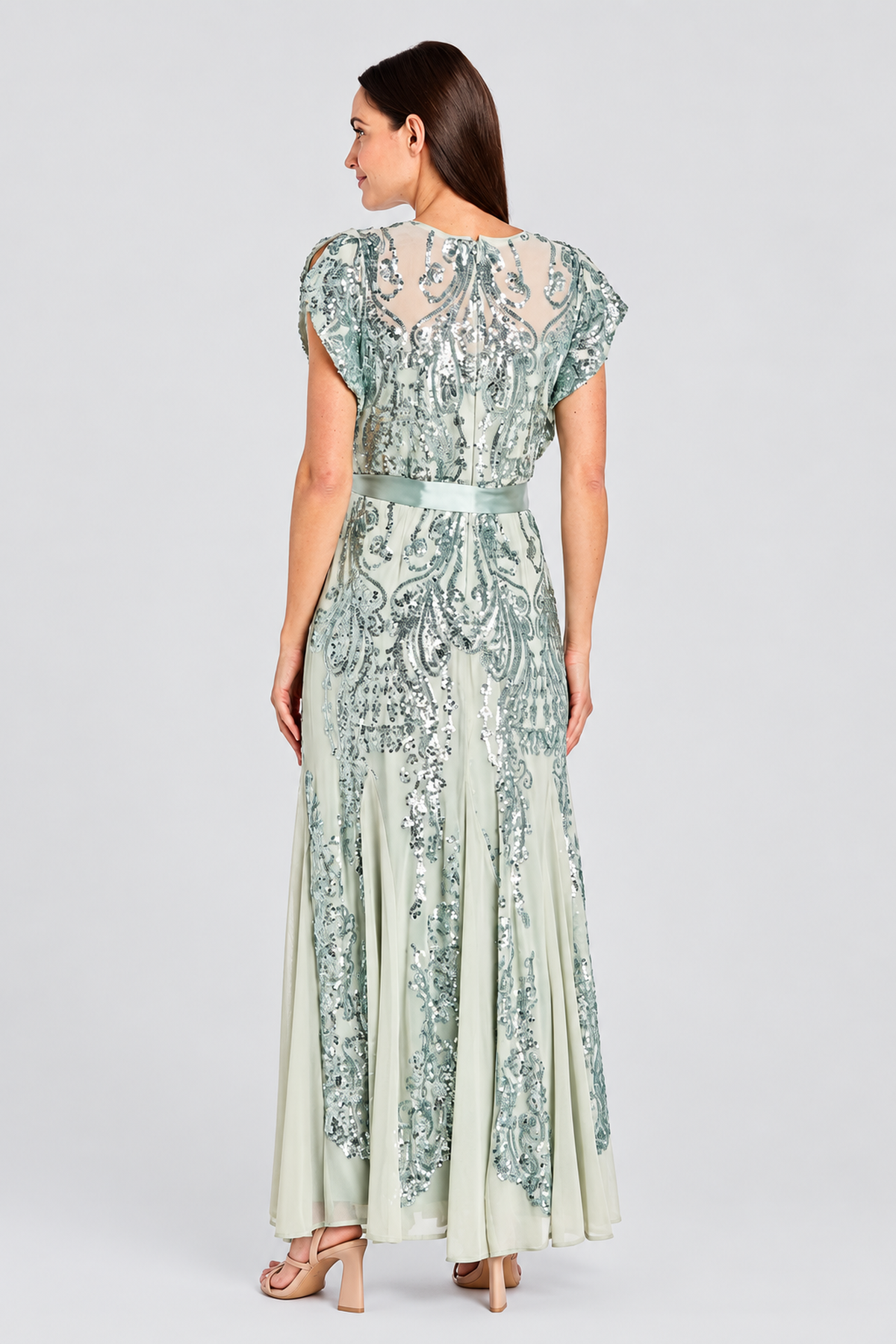 Sage Sequin Embellished Gown with Satin Waist Tie with Flutter Sleeve and Scoop Neck by R&M Richards 3465
