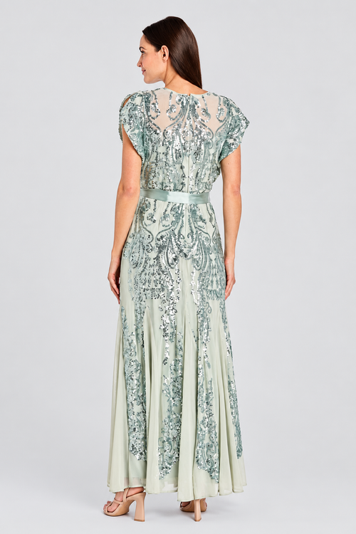 Sage Sequin Embellished Gown with Satin Waist Tie with Flutter Sleeve and Scoop Neck by R&M Richards 3465