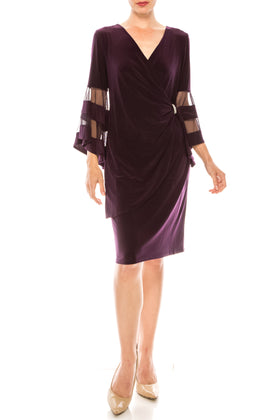 Plum Bell Mesh Sleeve Short Evening Dress with Bell Sleeve, V-Neck, and Rhinestone Detail by R&M Richards 3561