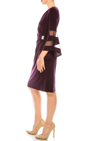 Plum Bell Mesh Sleeve Short Evening Dress with Bell Sleeve, V-Neck, and Rhinestone Detail by R&M Richards 3561