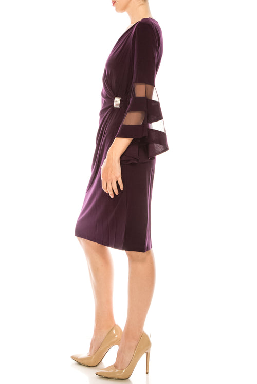 Plum Bell Mesh Sleeve Short Evening Dress with Bell Sleeve, V-Neck, and Rhinestone Detail by R&M Richards 3561