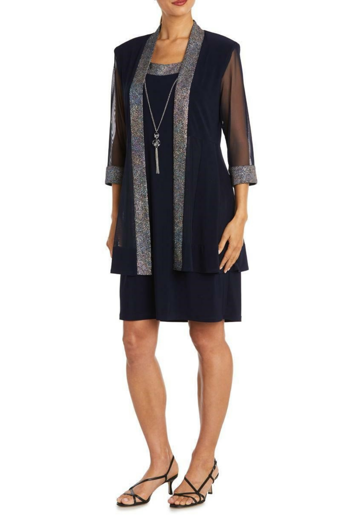 Navy Evening 2 Piece Jacket Dress with Metallic Finish and Coordinating Jacket by R&M Richards 9147