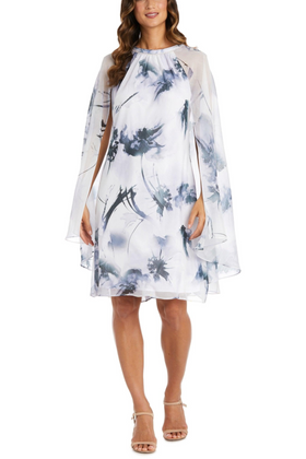 White Black Evening Floral Capelet Short Dress with Round Neck and Rhinestone Detail by R&M Richards 9239