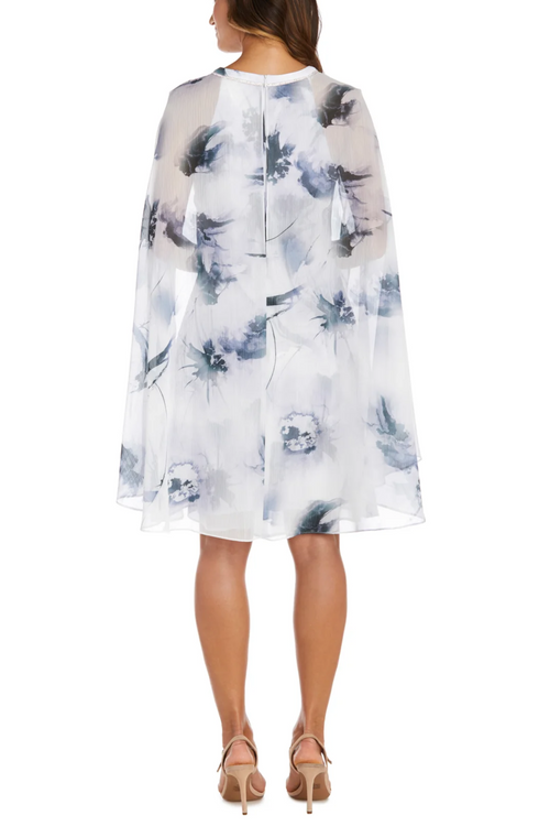 White Black Evening Floral Capelet Short Dress with Round Neck and Rhinestone Detail by R&M Richards 9239