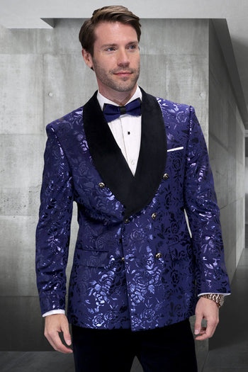 Chaqueta cruzada de esmoquin con estampado de cachemir metalizado para hombre, para graduación y boda, en azul zafiro