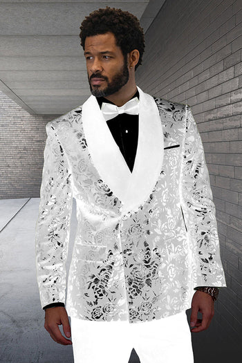 Chaqueta cruzada de esmoquin con estampado de cachemir metalizado para hombre, ideal para graduación y boda, en color marfil.