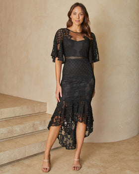 Reyna Black Sweetheart Lace Ruffle Wedding Guest Dress