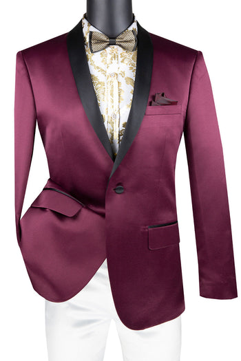 Chaqueta de esmoquin de satén brillante de un botón y corte entallado para hombre en color burdeos