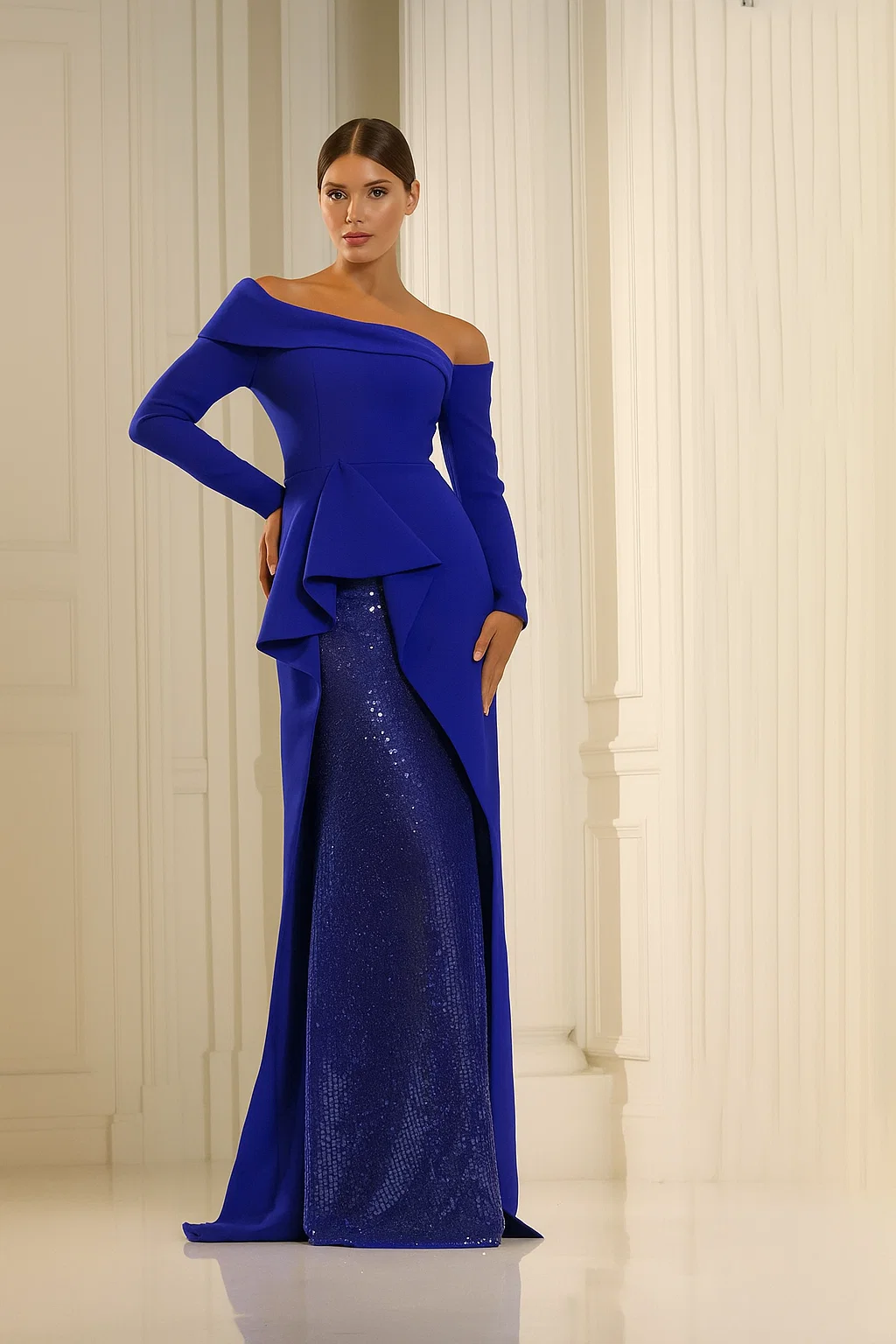 Terani Couture 251M4610 Vestido de noche largo, ajustado, formal, con lentejuelas y peplum