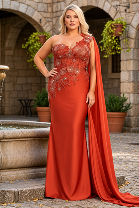 Royal Queen RQ7943 Long Embroidered One Shoulder Prom Dress With Cape
