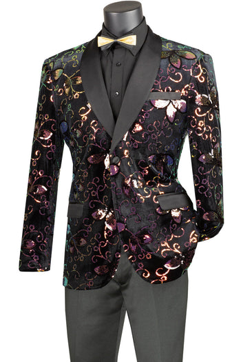 Chaqueta de esmoquin de graduación de terciopelo con estampado floral de cachemira y lentejuelas para hombre, corte entallado, en negro