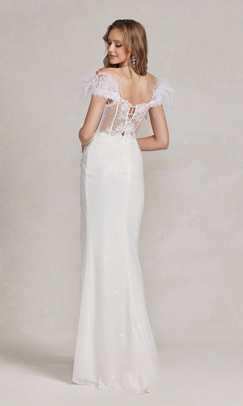 White Off-Shoulder Prom Dress Featuring Feather Straps – S1229W