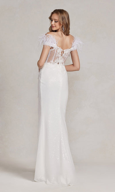 Nox Anabel S1229W White Off-Shoulder Prom Dress Featuring Feather Straps