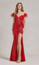 Vestido de lentejuelas con hombros descubiertos y tirantes de plumas de lujo
