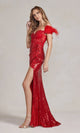 Vestido de lentejuelas con hombros descubiertos y tirantes de plumas de lujo