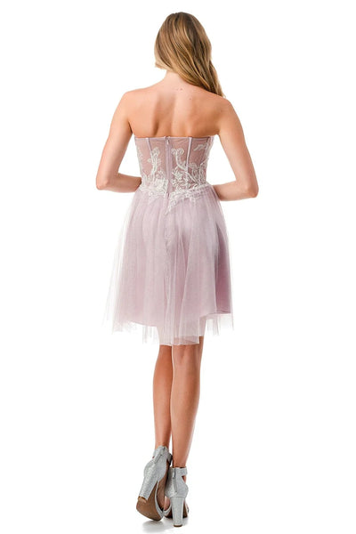 Strapless Bodice Glitter Short Homecoming Dress Lace Applique Fit-and-Flare Dress by Trevi S2745B